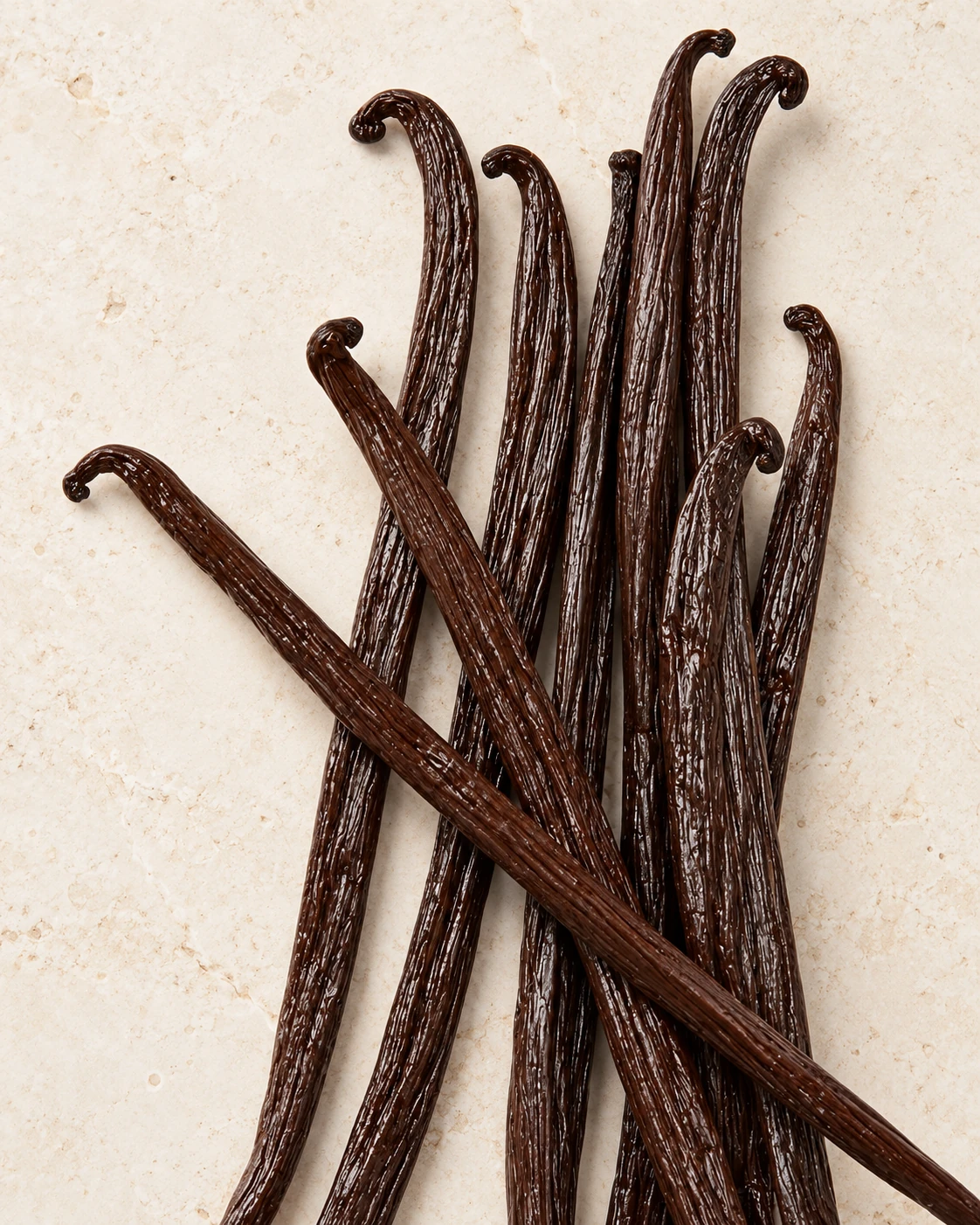 Whole vanilla beans on a light stone surface