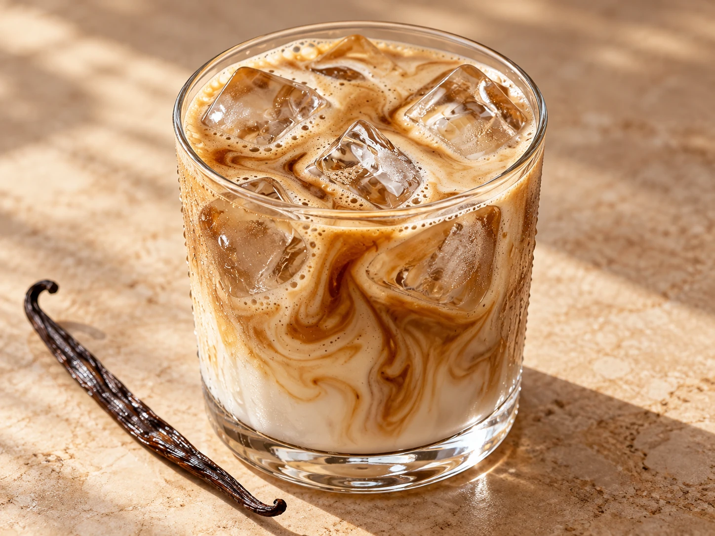 Iced vanilla latte with a creamy swirl
