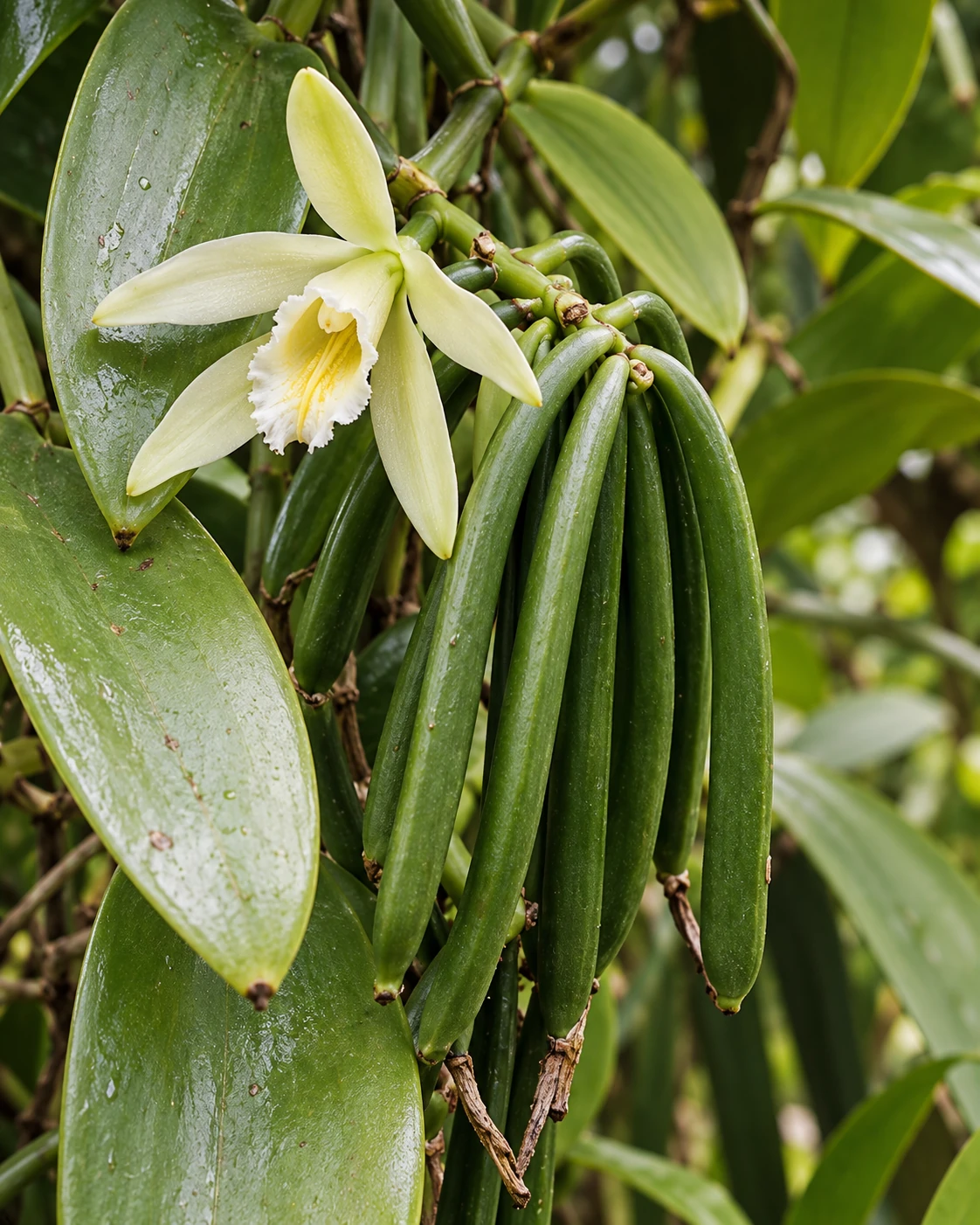 Vanilla flower and green pods growing on the vine