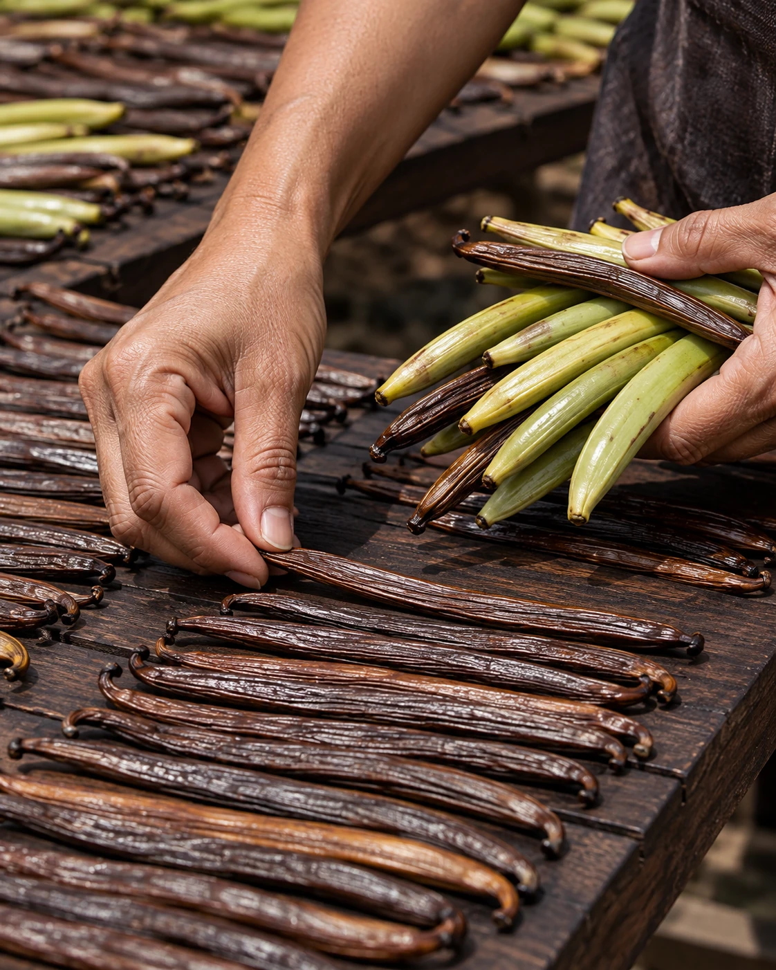 Hands sorting vanilla pods during curing