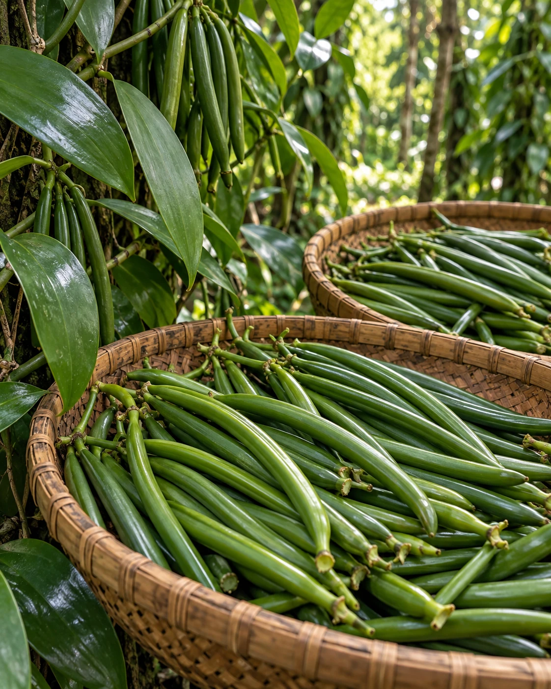 Freshly harvested green vanilla pods in woven baskets