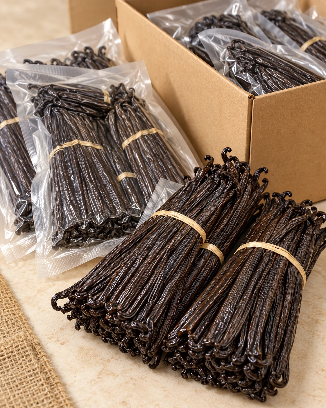 Cured vanilla bean bundles packed for wholesale supply